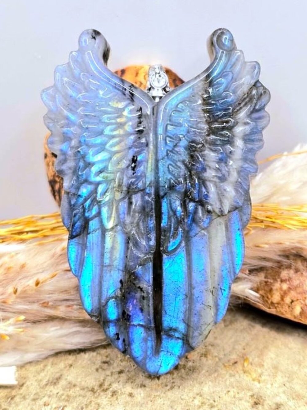Labradorite Angel Wing Pendant • 1.8" Carved Crystal Necklace • Strong Flash